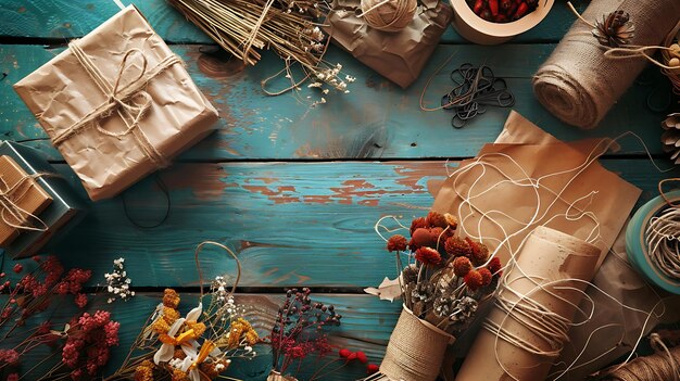 Foto tavolo rustico con fiori secchi, bouquet e carta da confezionamento materiali naturali per le vacanze autunnali o invernali
