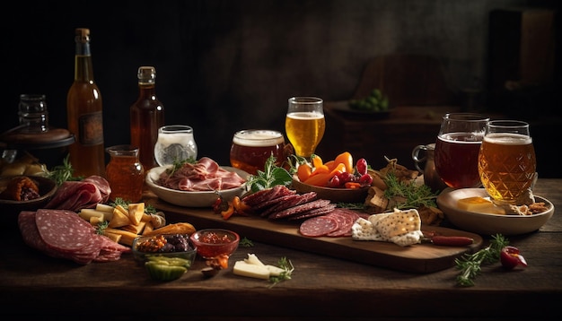 Rustic table with gourmet appetizers wine and drinking glasses generated by AI