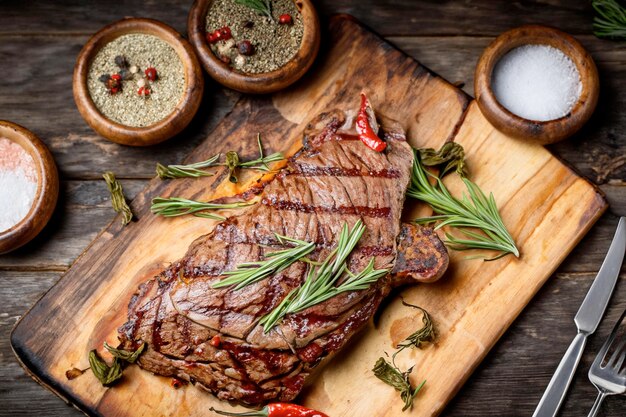 a rustic table with a large steak roasted with smoke spices herbs and rock salt sauces