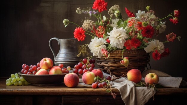 a rustic table with a vase of fresh flowers and fruit