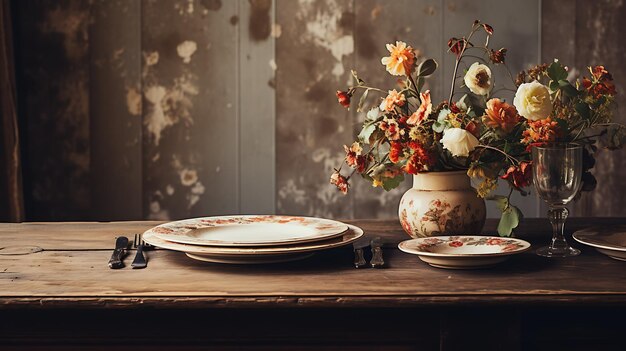 Foto tavolo rustico con stoviglie d'epoca