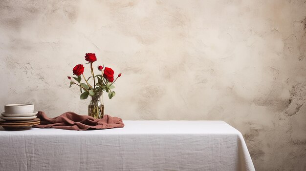 Rustic Table with White Linen and Red Dried Flowers