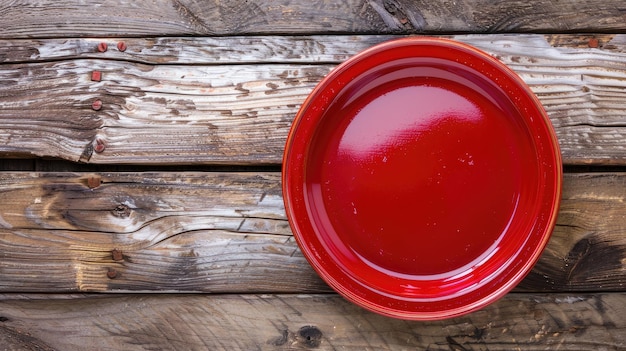 Рустический столик, украшенный одинокой красной тарелкой, вызывающей простоту