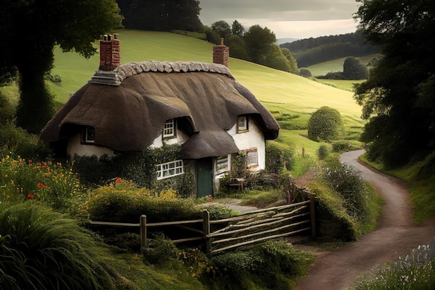 Rustic thatched cottage surrounded by lush greenery on rolling hills