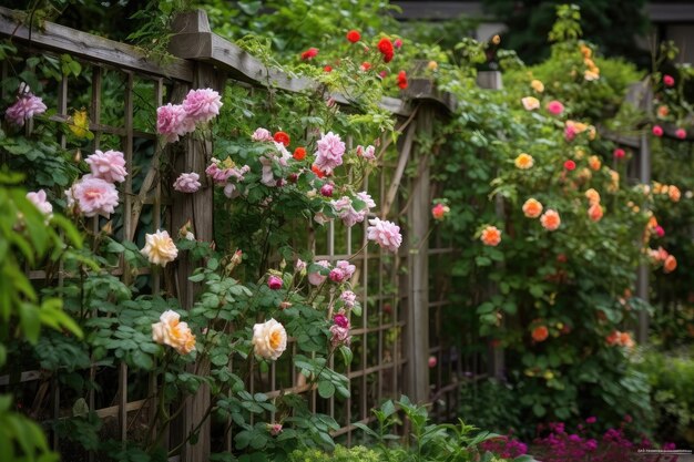 Photo rustic trellis with climbing roses and honeysuckle in the background