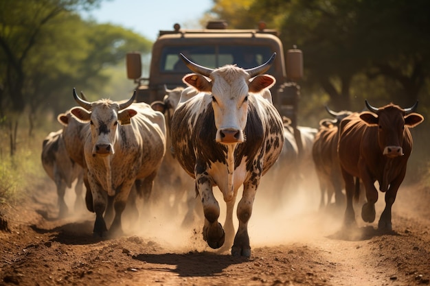 Rustic truck transports cattle by dusty road generative IA