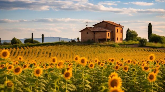 A rustic tuscan farmhouse surrounded by fields of sunflowers