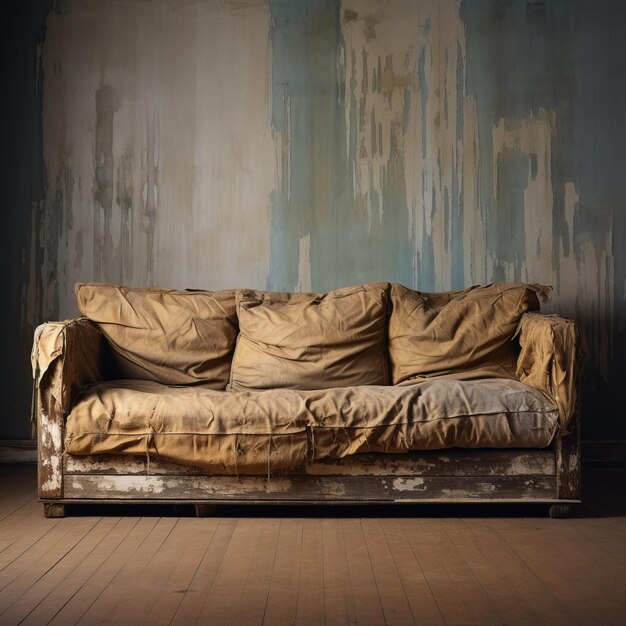 Photo rustic twill sofa vintage charm in abandoned room with grunge wall art