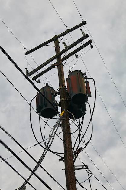 Rustic Utility Pole and Transformers Cloudy Sky Perspective