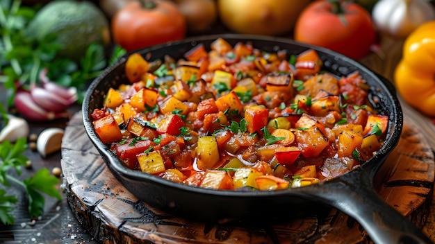 Rustic vegetable ratatouille cooked in a cast iron pan on a kitchen table Concept Rustic Recipes Vegetable Dishes Cast Iron Cooking Home Kitchen FarmtoTable