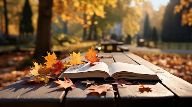 Foto vibe rustiche e libro aperto su una panchina di legno ai generativa