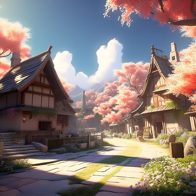 a rustic village scene bathed in the ethereal glow of a heavenly realm unreal engine greg rutkowski