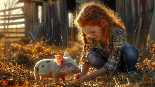 Photo in a rustic village yard a little girl with red hair plays with a small piglet