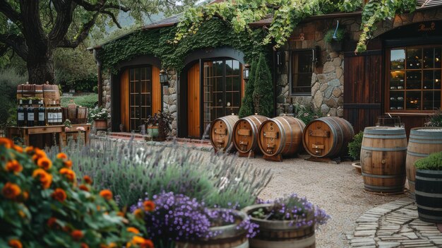 Rustic vineyard with a tasting room and barrels