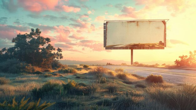 Rustic Vintage Billboard Mockup in Serene Countryside at Sunset