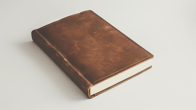 Rustic vintage brown leather book cover with white pages isolated on white background