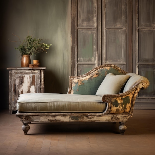 Photo rustic vintage chaise lounge with earth tones and distressed materials