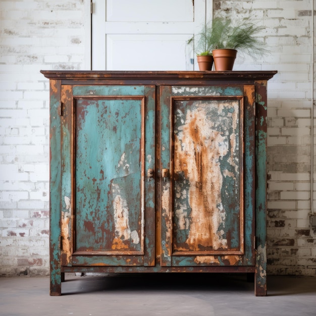 Photo rustic vintage rayon cabinet with natural grain and peeling paint