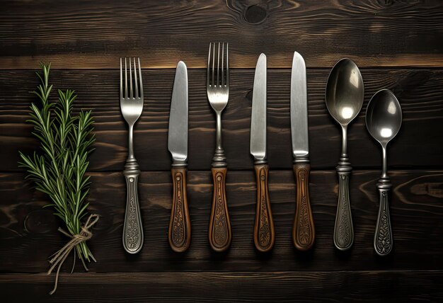 Rustic vintage set of cutlery knife spoon fork Black background Top view Created with Generative AI