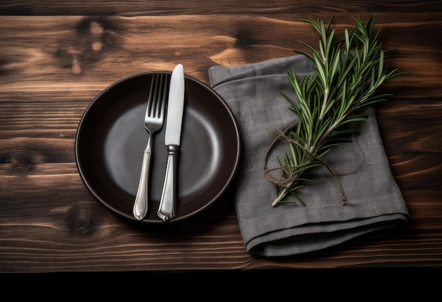 Rustic vintage set of cutlery knife spoon fork Black background Top view Created with Generative AI