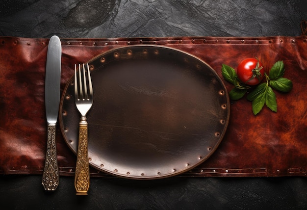 Rustic vintage set of cutlery knife spoon fork Black background Top view Created with Generative AI