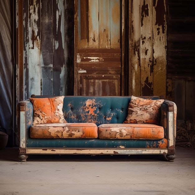 Rustic Vintage Sofa With Art Deco Design In Dark Teal And Light Orange