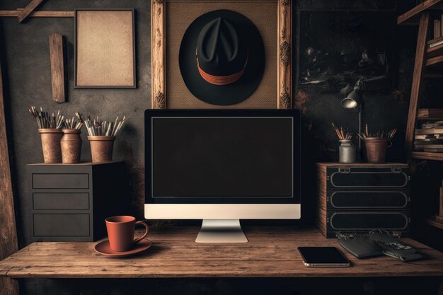 Rustic vintage workspace black mockup Generative AI