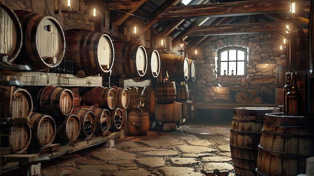 rustic warehouse with barrels of wine