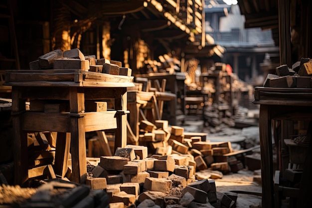 Rustic warehouse with wooden piles and bricks generative IA