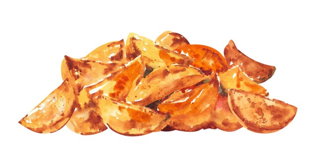 Rustic watercolor potato Fried potato wedges on white background