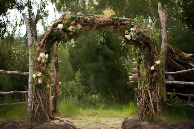Фото Деревенская свадебная арка из веток и цветов в окружении пышной зелени