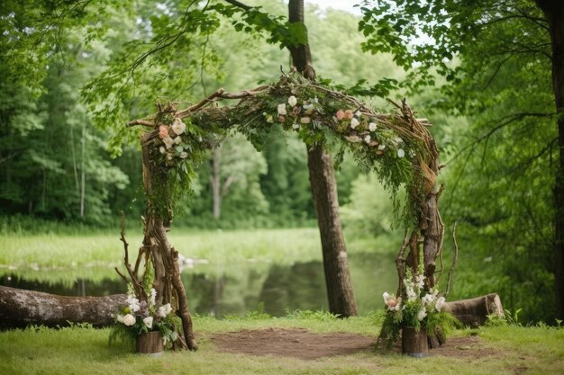 Photo rustic wedding arch made of twigs and flowers surrounded by lush greenery