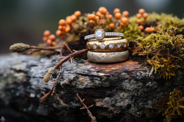 Photo rustic wedding bands resting on a stump with lichen and mushrooms