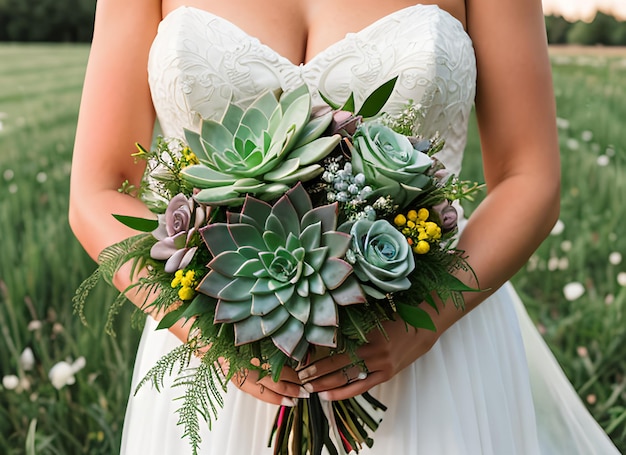 Rustic wedding bouquet with roses and succulents on green grass