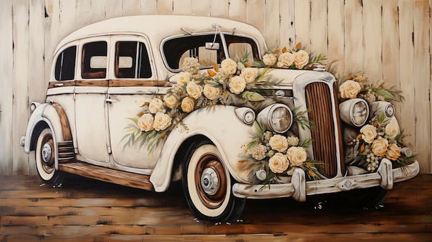 Деревенский свадебный автомобиль с деревянными акцентами картина маслом