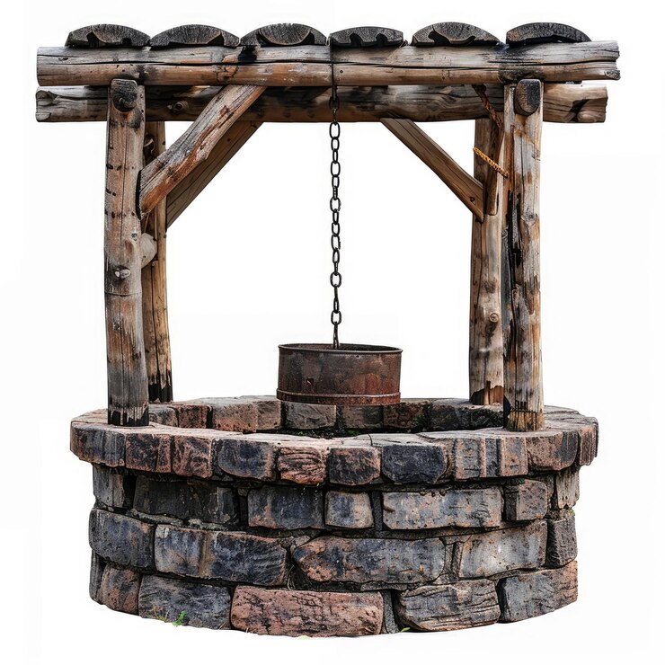 Photo a rustic well made of stone and wood with a metal bucket hanging from a chain