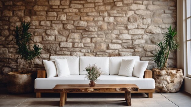 Rustic white upholstered sofa made from solid wood