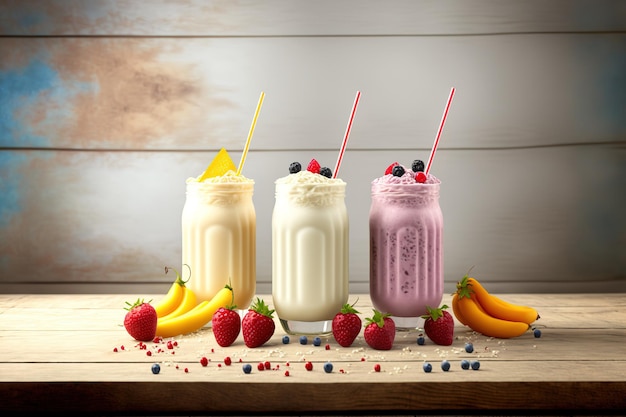 On a rustic white wooden background three different protein milkshakes in glasses with fruits are displayed