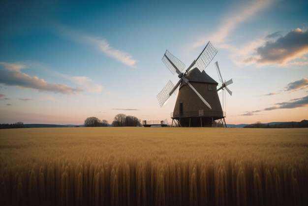 A rustic windmill in a golden wheat field