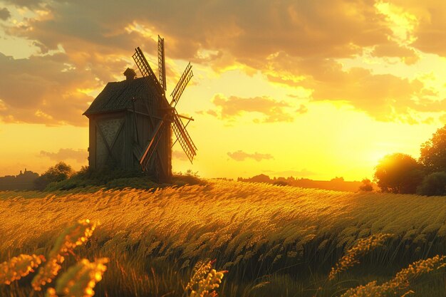 Фото Рустическая ветряная мельница, окруженная золотыми полями.