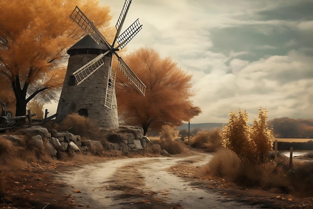 Foto mulino a vento rustico con colori autunnali sullo sfondo