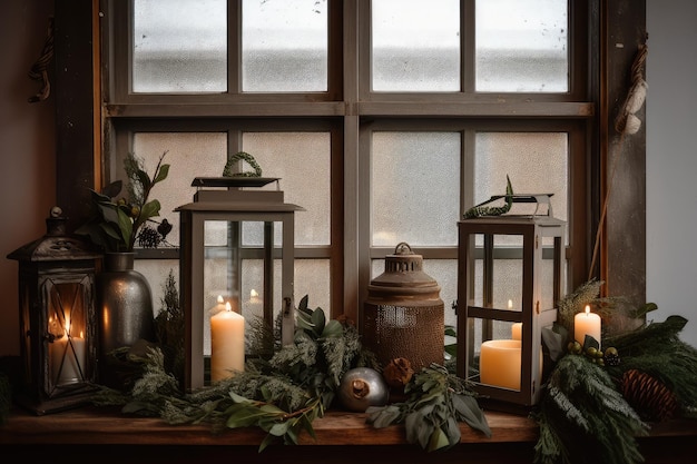 Rustic window with lanterns and greenery for holiday decor