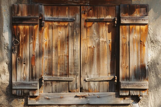 A rustic window with wooden shutters on a textured stone wall Suitable for interior design concepts