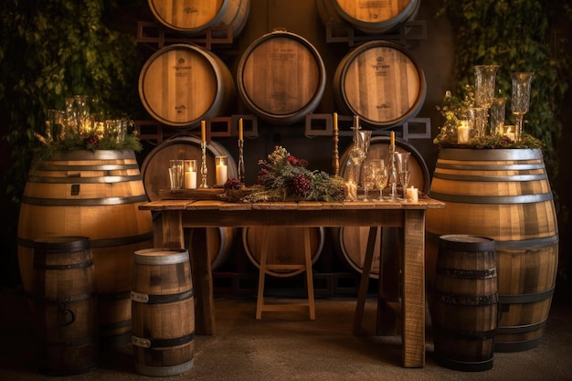 Rustic wine bar setup with barrels and glasses created with generative ai