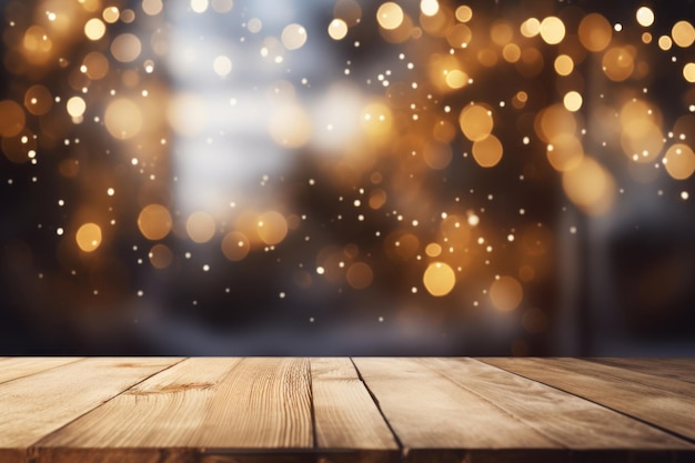 A Rustic Winter Wonderland Vintage Wooden Table Set Against a Blurred Holiday Background