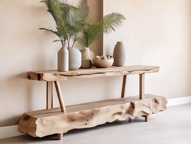 Rustic wood console table against beige stucco wall with copy spaceJapandi interior design of model