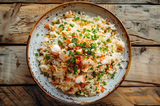 Foto riso fritto di pesce di legno rustico