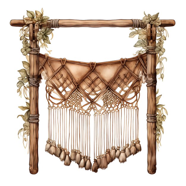 Rustic Wood Gate With Macrame Hanging Focusing on Watercolor Gate Beauty Art on White Background