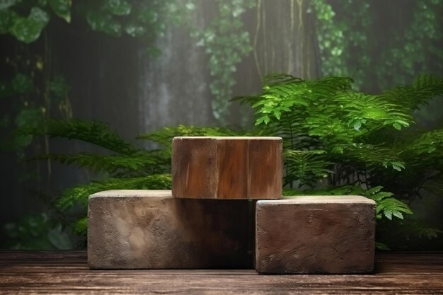 Rustic wood pieces podium in Monsoon rain forest