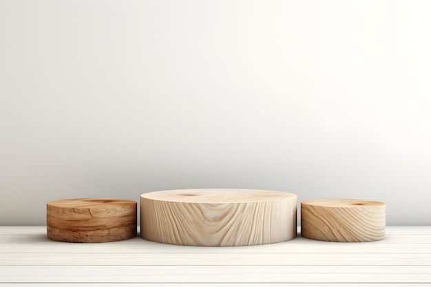 Rustic wood pieces podium in white clean room Front view Minimalism background for products cosme